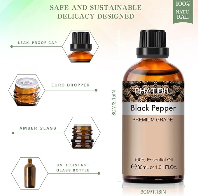 Black Pepper Essential Oil, 1.01Fl.Oz (30ML) PHATOIL Pure Essential Oil Singles for Aromatherapy Diffusers, Humidifiers, Great for DIY Candle and Soap Making, Gift for Friend PHATOIL