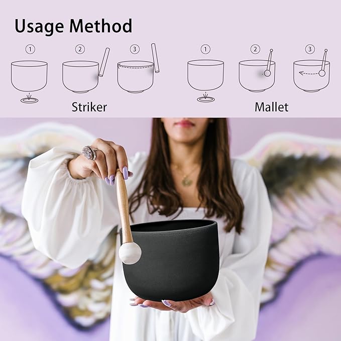 8-12 Inch Set of 3 Black Quartz Crystal Singing Bowl Chakra Set with Free Carrying Case and Suede Sticker & O-ring - Bloomnest