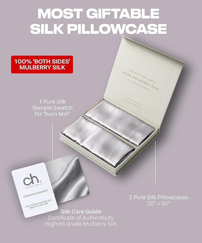 SUNDAYSILKS™ | Silk Pillow Cases 2 Pack | 22 Momme Mulberry Silk Pillowcase Set of 2 | All Sides 100% Pure Silk Slip Pillowcases Bliss for Couples, Zipper | Standard Queen, King Size [Silver Quartz] - Bloomnest
