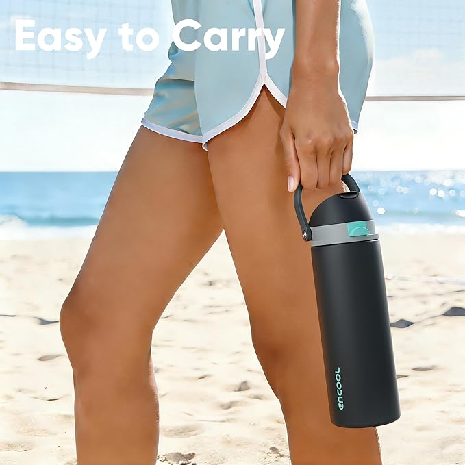Insulated Water Bottle with Straw - Encool Stainless Steel Water Bottle with Push Button Lid, Leak-Proof & BPA-Free, Keeps Cold for 24 Hours for Sports, Travel, Gym (32 oz, Tuna Grey-Green) ENCOOL