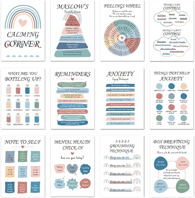 Qaxrocyn 12 Pcs Mental Health & Emotional Regulation Poster for Anxiety Relief & Self Care, 10 * 14″ Colorful Psychological Wellness Wall Art Decor for Office Classroom Home Counseling (Style C) - Bloomnest