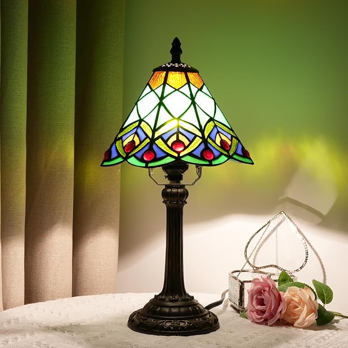 8 Inch Tiffany Style Stained Glass Table Lamp, Peacock Feather Pattern Retro Style Design, Suitable for Bedroom Bedside Lamp Office Study and Other Home Art Decoration (Green) - Bloomnest
