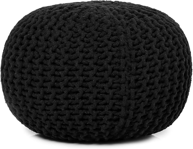 REDEARTH Round Pouf Foot Stool Ottoman - Hand Knitted Bean Bag - Cord Boho Pouffe - Cable Poof Footrest for Living Room - Nursery - Bedroom - Patio - 100% Cotton - Home Decor (19.5"x19.5"x14") - Black - Bloomnest