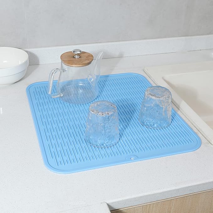 Silicone Dish Drying Mat for Multiple Usage,Easy clean,Eco-friendly,Heat-resistant Silicone Mat for Kitchen Counter or Sink,Refrigerator or Drawer Liner Light Blue XL 18 inches x 16 inches - Bloomnest