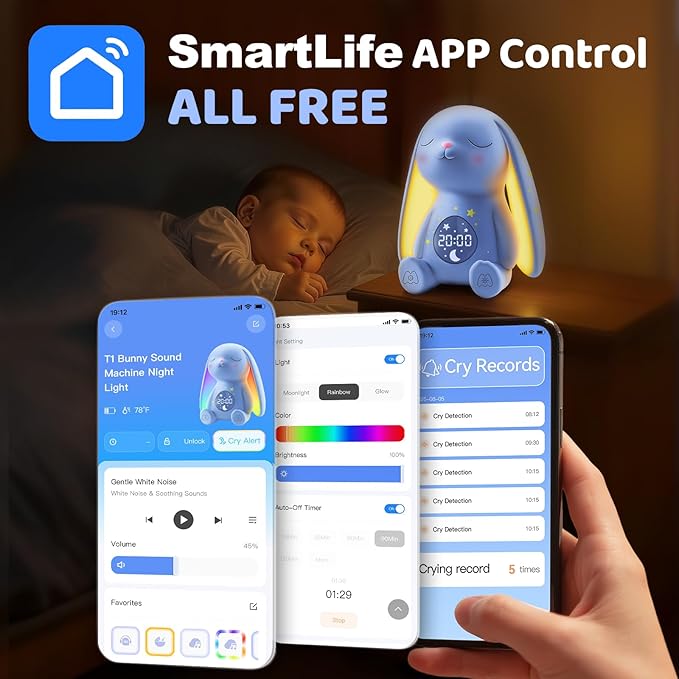 2025 Mom's Choice Awards | White Noise Sound Machine Baby - AI Cry Detection, Night Light, 100 Soothing Sounds, App Control, 150% Battery Life, 50% Faster Sleep, Newborn Essentials