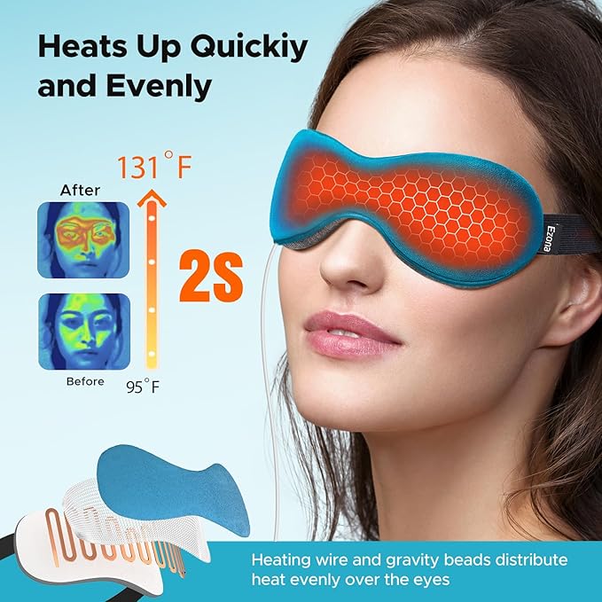 Ezona Heated Eye Mask, Warm Eye Compress Mask for Dry Eyes, USB Electric Eye Heating Pad with Temperature & Timer Control, Dry Eyes, Blepharitis, Sinus Migraine (Blue) - Bloomnest