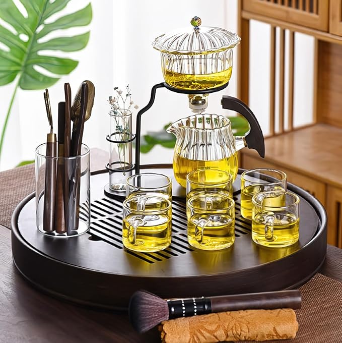 Lazy Kungfu Magnetic Tea Pot, Semi Automatic Glass Teapot, Lazy Kungfu Drip Teapot, Magnetic Attraction Water Rotating Cover Bowl Suitable for Home/Office Reception Tea Set - Bloomnest