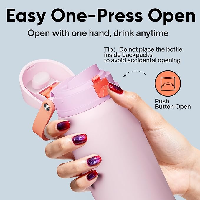 Insulated Water Bottle with Straw - Encool Stainless Steel Water Bottle with Push Button Lid, Leak-Proof & BPA-Free, Keeps Cold for 24 Hours for Sports, Travel, Gym (32 oz, Lily-Red) ENCOOL