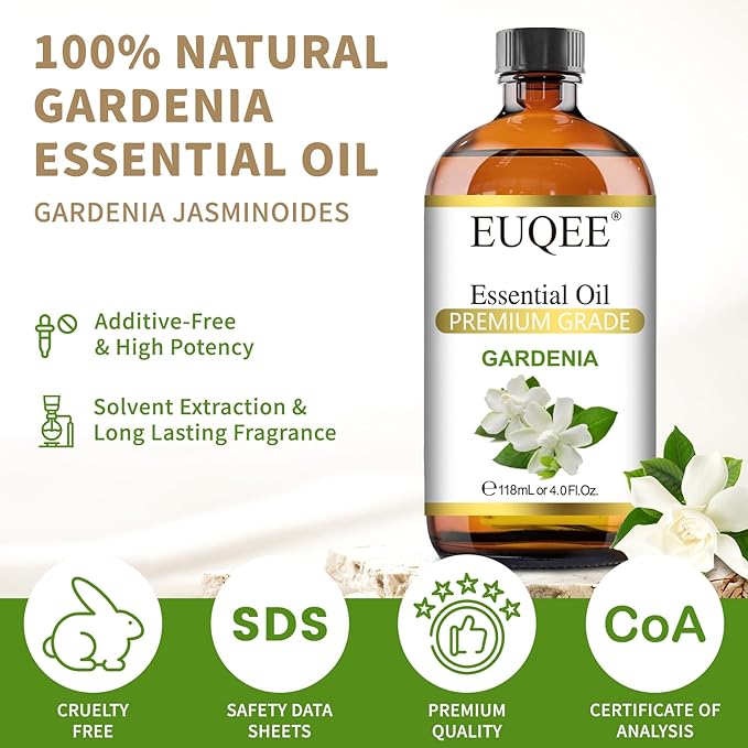 EUQEE 118ml Gardenia Essential Oil, Pure & Premium Grade Aromatherapy Oil Great for Diffuser, DIY Soap, Candle Making, Skin Care, Natural Gardenia Oil Floral Aroma for Mood (4Fl. OZ) EUQEE