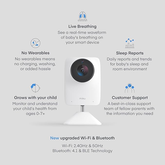 Miku Pro Smart Baby Monitor with Camera, Track Live Breathing with No Wearable, Real-Time Alerts, Sleep Analytics, 1080p Wi-Fi Video, Night Vision, and 2-Way Audio, Wall Mount Included - Bloomnest