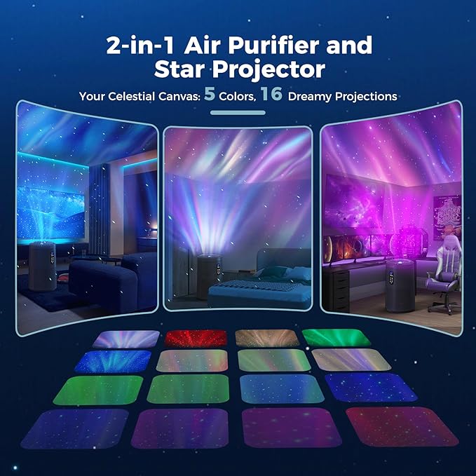 AROEVE Air Purifier for Large Rooms up to 1,782 Sq. Ft. with Star Projector, Smart WiFi, Air Quality Sensor, UV Function, and Washable Filter for Whole Home Use for a Cozy Holiday, MK09W Black - Bloomnest