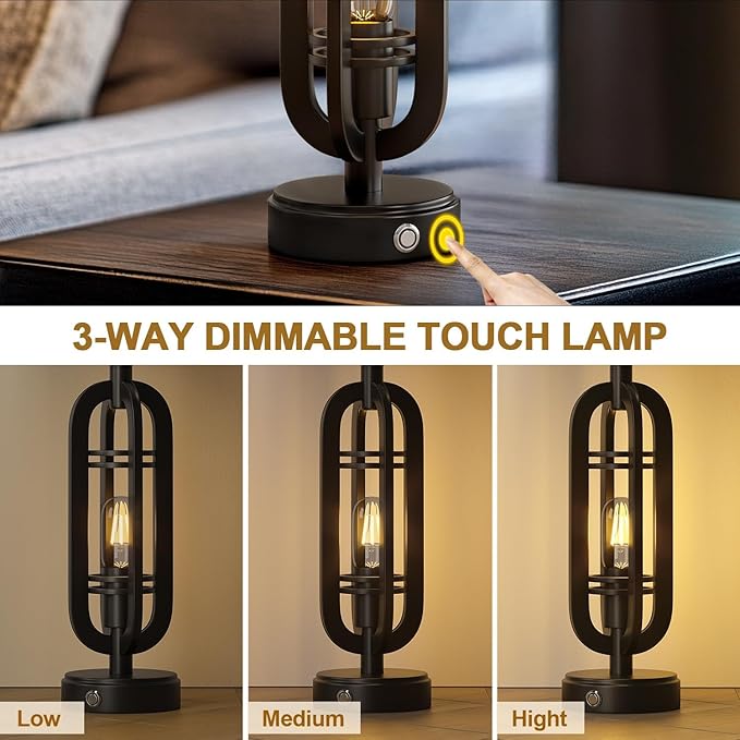 27.25'' Table Lamps Set of 2 for Living Room Bedroom Industrial Farmhouse Metal Touch Lamps with USB A+C Ports, Night Light Vintage Nightstand Bedside Lamp, Bulbs Included, Black - Bloomnest