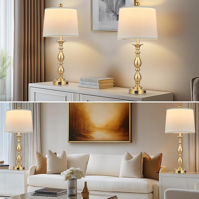 28" Tall Modern Table Lamps Set of 2 with USB A+C Ports and AC Outlet, 3 Way Touch Metal Bedside Lamps for Bedroom, Gold Farmhouse Nightstand Lamps for Living Room - Bloomnest