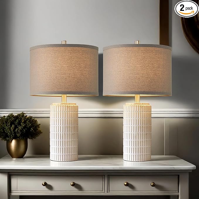 23" Set of 2 Ceramic Table Lamps, Farmhouse Bedside Lamp for Bedroom Living Room Nightstand Entryway, Side Table Lamps Modern Desk Lamp, 2 LED Bulbs Included (Gray) - Bloomnest