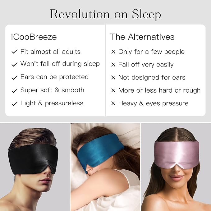 100% Natural Silk Eye Mask for Women Men, Soft Pressureless Cooling Blackout Eye Covers for Sleeping, Large Size Sleep Mask fits All Heads Adjustable, 1PC, Black - Bloomnest