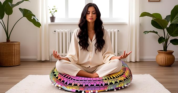 CRAFT KALA Large Round Bohemian Floor Pillow Pouf Cover Mandala Meditation Room Pillow Cover for Adults Boho Seating Poufs Cushion Cover for Kids Playroom Multi Hamsa 32" Round - Bloomnest