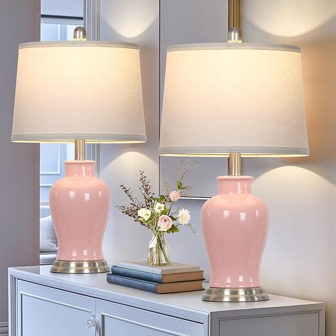 23" Ceramic Table Lamps Set of 2, Modern Ceramic Lamps for Living Room, Cute Bedside Lamps with Ginger Jar Design, Elegant Bedroom Lamps for Nightstand Dining Room Desk Side End Table Home Decor, Pink - Bloomnest