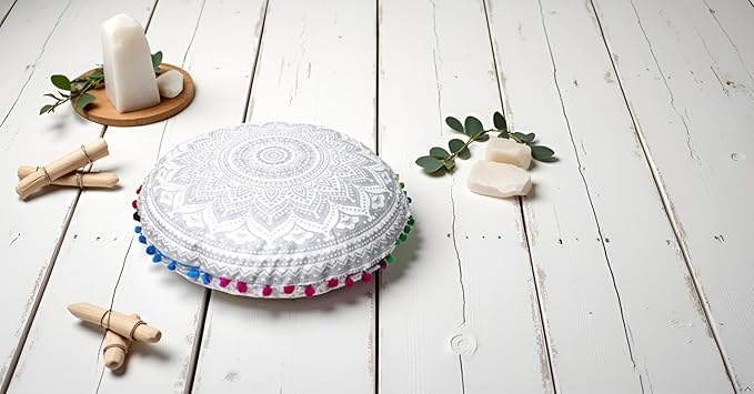 CRAFT KALA 32" Round Large Round Bohemian Floor Pillow Pouf Cover Mandala Meditation Room Pillow Cover for Adults Boho Seating Poufs Cushion Cover for Kids Playroom Silver Matellic Ombre - Bloomnest