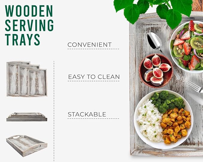 Comfify Serving Trays Set of 3 - Ottoman Wood Trays for Entertainment, Food and Decor - Rustic Farmhouse Distressed Wood Finish - Rustic White - Bloomnest