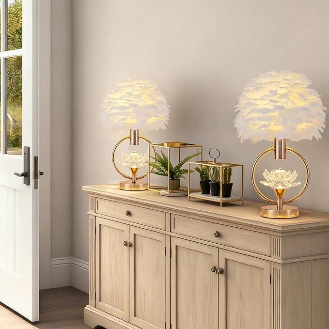 ZYLEIESENBAO Chic White Feather Lamp 17IN Modern Crystal Fluffy Table Lamp Cute Romantic Bedside Nightstand Light Nordic Furry Desk Lamp for Girl Bedroom Living Room Entry Office Hotel Party Wedding - Bloomnest