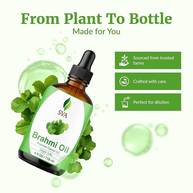 SVA Brahmi Oil - 4 Fl Oz – 100% Natural Cold Pressed Brahmi Oil - for Face, Skin Care, Hair Care, Scalp Massage & Body Massage – Carrier Oil with Dropper - Bloomnest