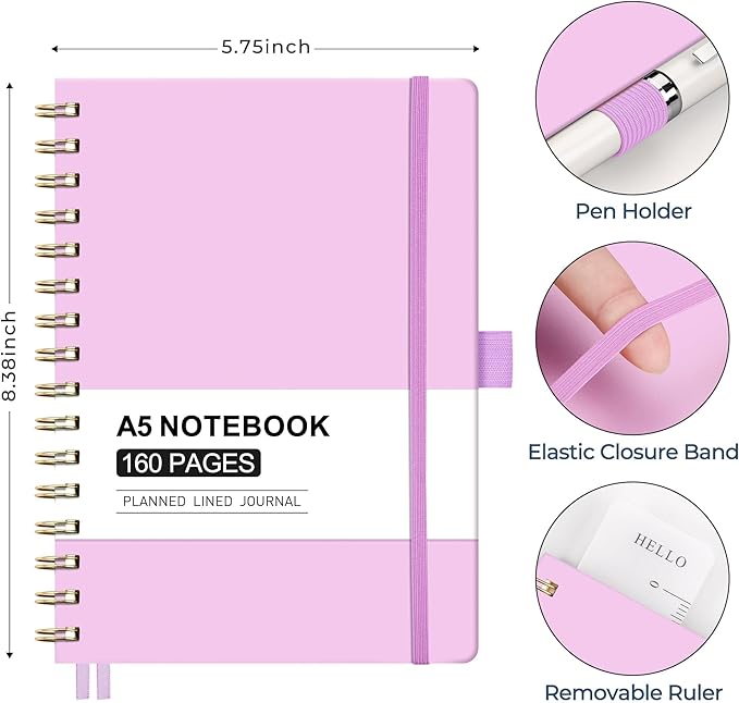 AHGXG Spiral Journal Notebook, 160 Lined Pages, A5 Medium Size (5.7'' x 8.3''), for Men & Women, Journaling, Writing, Work & Office, Hardcover, 100 GSM Thick Paper (Purple) - Bloomnest