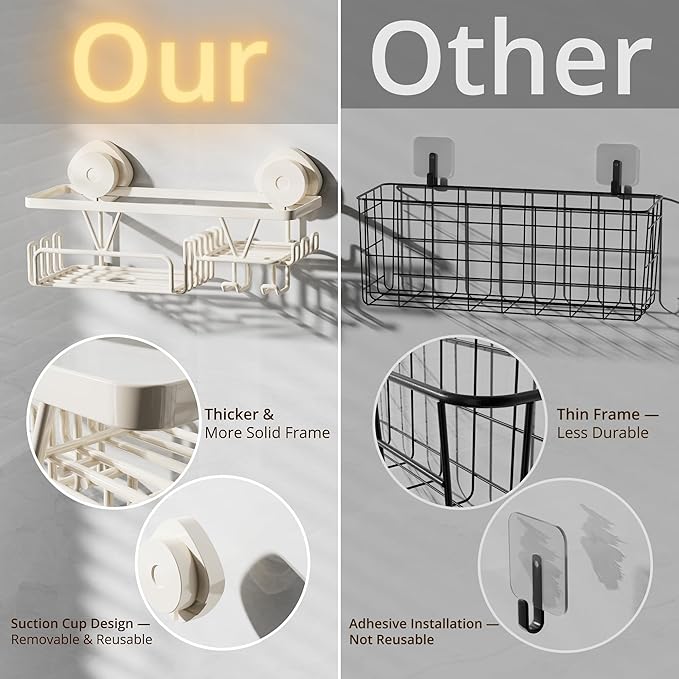 KEGII Shower Caddy Suction Cup with Soap Holder and Hooks, Removable Suction Bathroom Organizer Shelf, No Drilling Shower Organizer, Stainless Steel Shampoo Holder for Bathroom Storage, Cream White - Bloomnest