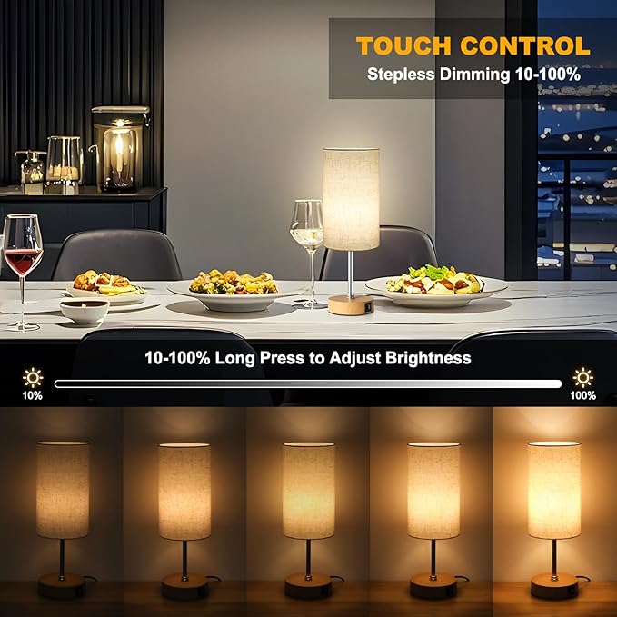 Unicozin Small Table Lamp, 3CCT & 7 RGB Color Changing, Dimmable Nightstand Lamp with Wood Grain Base, Touch Bedsides Lamp for Bedroom, Office, Kids Room, Nursery, Party, Beige Shade - Bloomnest