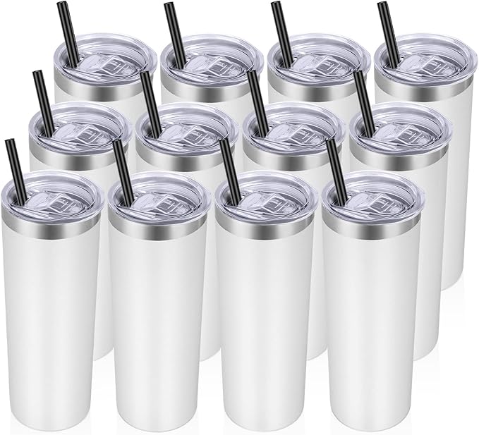 VEGOND Stainless Steel Tumblers Bulk 12 Pack, 20 oz Vacuum Insulated Skinny Tumblers with Lids and Straws, Double Wall Coffee Mug, Travel Water Cup, White - Bloomnest