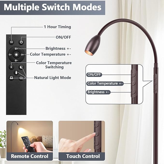Reading Floor Lamp, 72" Tall LED Lamp with Flexible Gooseneck, Dimmable Zoomable Spotlight, Adjustable Color Beam Standing Lamp, Touch & Remote Control, Task Craft Living Room (Oil-Rubbed Bronze) - Bloomnest