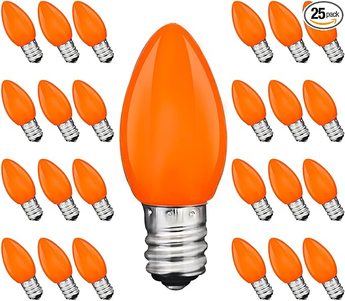 C7 Orange LED Light Bulbs, 25-Pack E12 Base, Halloween & Outdoor String Lights, Waterproof, Energy-Efficient Night Light Bulbs, Replacement Bulbs for Porch, Patio, Yard & Holiday Decor - Bloomnest