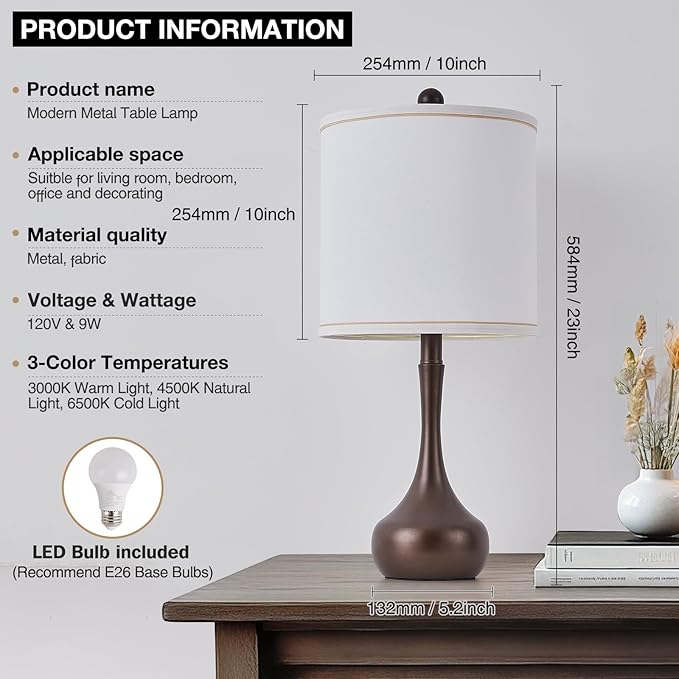 23" Brown Metal Modern Table Lamp Set of 2,Farmhouse Bedside Lamps for Living Room, 3 Color Temperature Rustic Table Lamps for Bedroom, Night Stands, Dorm,Office, Home Décor (Bulb Included) ﻿ - Bloomnest