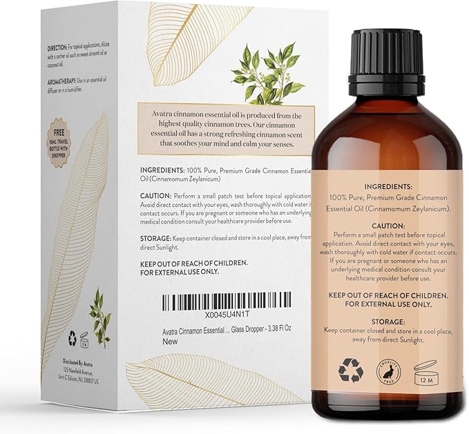 Avatra Cinnamon Essential Oil 100ML (3.38 OZ) with Glass Dropper and Travel Bottle, Pure and Natural Therapeutic Grade Cinnamon Oil for Diffuser, Aromatherapy, Massage, and DIY Candle Products - Bloomnest