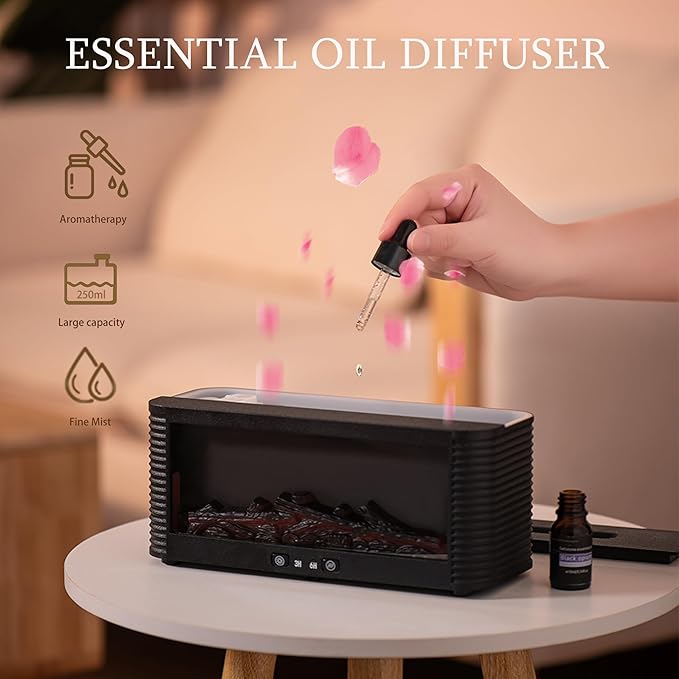 2026 Upgraded 9 Color Flame Fireplace Aroma Essential Oil Diffuser,250ml USB Desktop Noiseless Cool Mist Humidifier with Timer Auto-Off Protection for Home,Office, Gift (Black) - Bloomnest