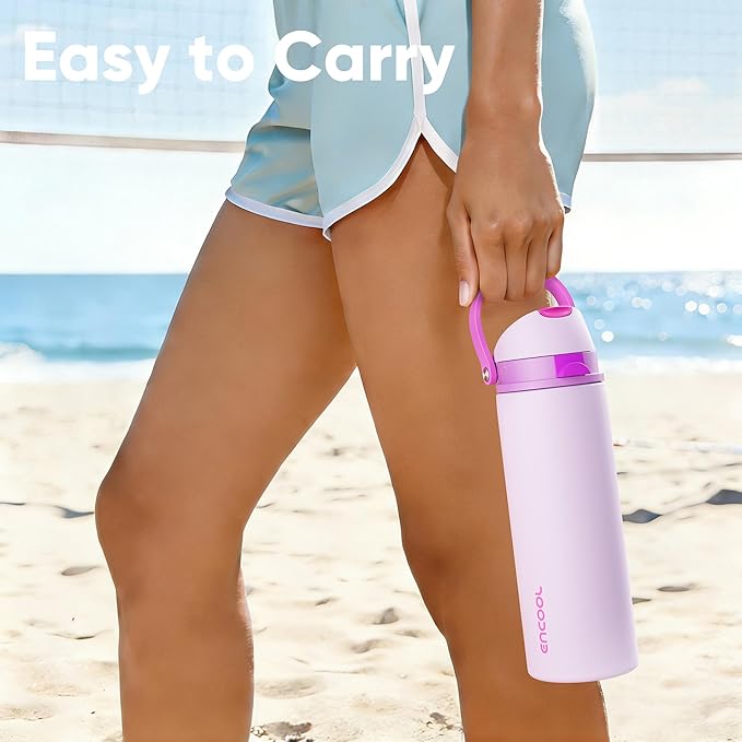 Insulated Water Bottle with Straw - Encool Stainless Steel Water Bottle with Push Button Lid, Leak-Proof & BPA-Free, Keeps Cold for 24 Hours for Sports, Travel, Gym (32 oz, Thistle-Fuchsia) ENCOOL