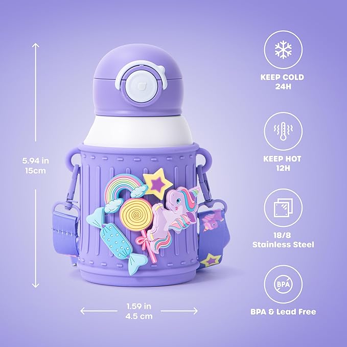 Kids Insulated Tumbler Set – 16oz Stainless Steel Water Bottle with Straw & Pour Lids, Screw-On Cup, Adjustable Strap, Silicone Sleeve & Charms – Leakproof BPA-Free Bottle for Boys & Girls - Bloomnest