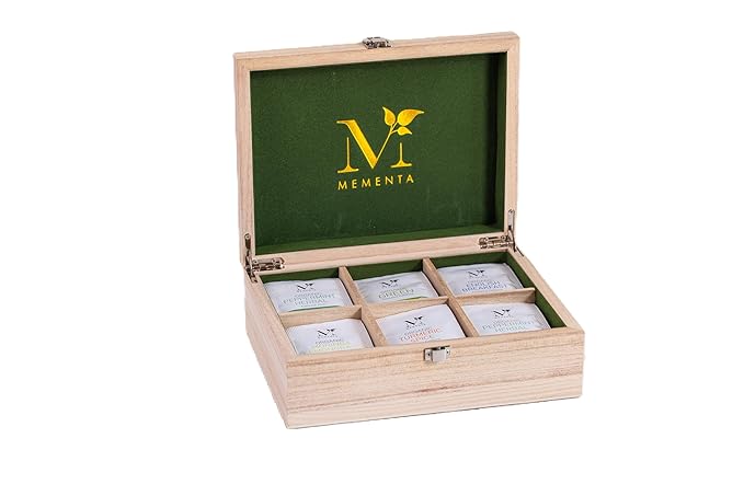 Mementa Inc Organic Wooden Tea Chest - 60 Tea Bags Individually Wrapped : Assorted Tea Variety Pack containing Black, Green, and Herbal caffeine-free teas : Tea Sampler Tea Set - Bloomnest