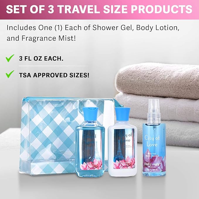 Bath & Body Care Travel Set - Home Spa Set with Body Lotion, Shower Gel and Fragrance Mist, Personal Body Care Travel Set (City of Love) - Bloomnest