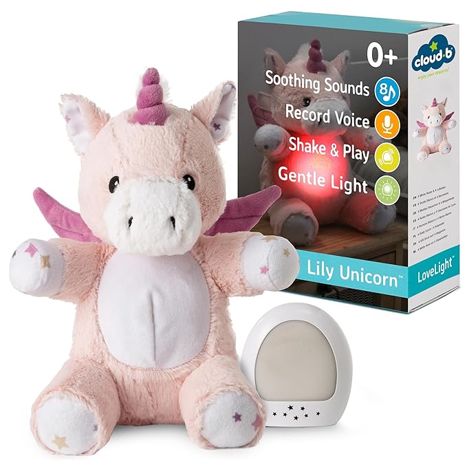 Cloud b LoveLight Buddies Sound Machine with White Noise, Soothing Lullabies & Gentle Nightlight | Voice Recorder | USB Rechargeable | Adjustable Settings & Auto-Shutoff | Lily The Unicorn - Bloomnest