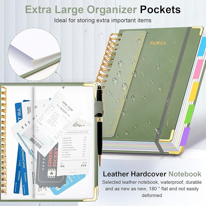 Hardcover Spiral Notebook 5.7"x 8.2" Journal Notebook with Tabs and Removable Dividers 300 Pages 5 Subject Notebook College Ruled, Faux Leather Spiral Bound Notebook for Women School Work (Sage Green) - Bloomnest