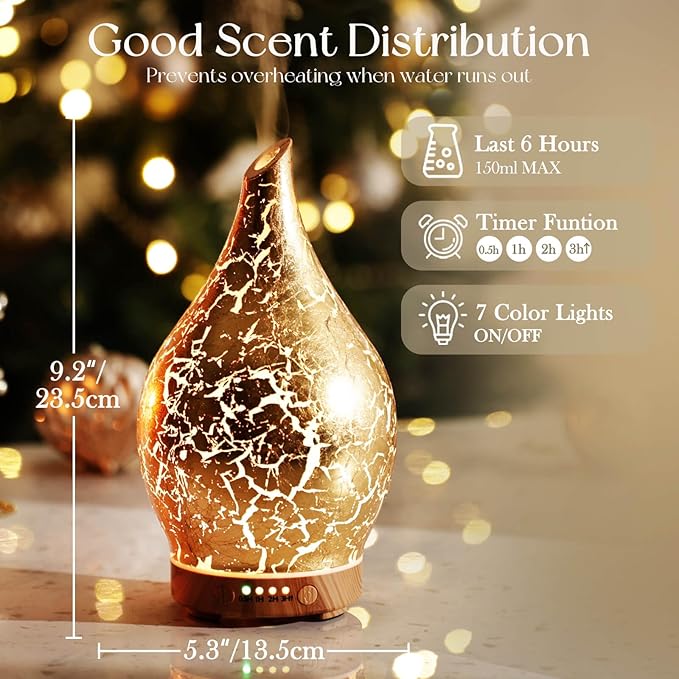 Porseme Essential Oil Diffuser Glass Aromatherapy Ultrasonic Humidifier, Air Refresh Auto Shut-Off, Timer Setting, BPA Free for Home Hotel Yoga Leisure SPA Gift 150ml Last 6H - Bloomnest