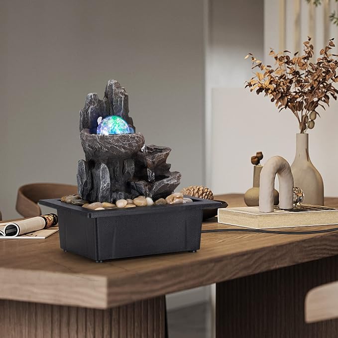Tabletop Fountain Rotating Ball Rock Waterfall Fountain Office Tabletop Fountains for Home Office Decor Includes Many Natural River Rocks Decorated with Colorful Lights and Rolling Ball - Bloomnest