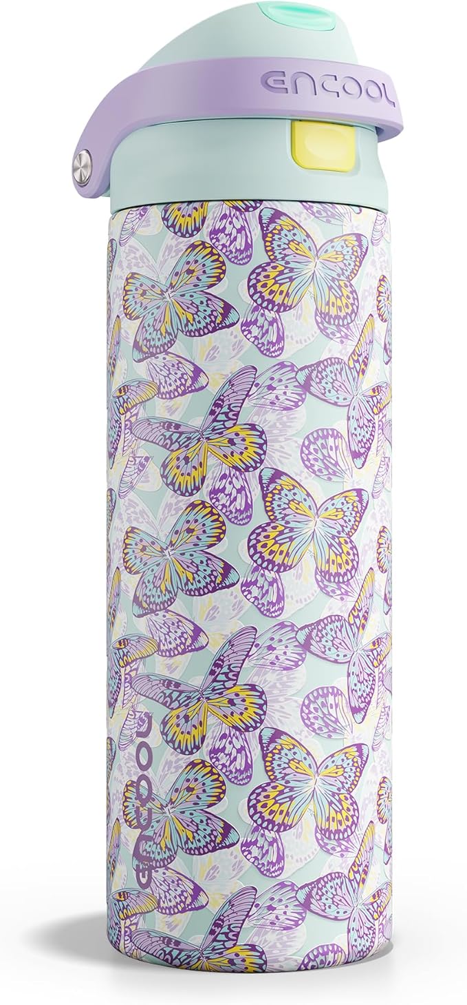 ENCOOL Leakproof Insulated Water Bottle with Straw Dual-Sip Water Bottle Bag-Safe Design for Work, Commute & Gym – Keeps Drinks Cold All Day, 24 oz, Mosaic Butterfly ENCOOL