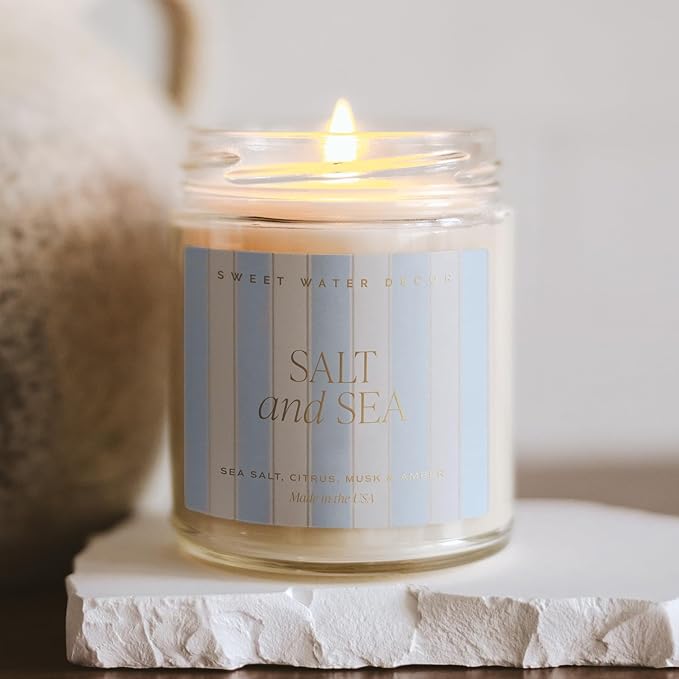 Sweet Water Decor Salt and Sea Patterned Candle – Soy Candles with Sea Salt, Citrus, Musk, Amber Aroma– 40 Hour Burn – 9oz Clear Glass Jar – Ocean Summer Candles for Home Decor - Bloomnest