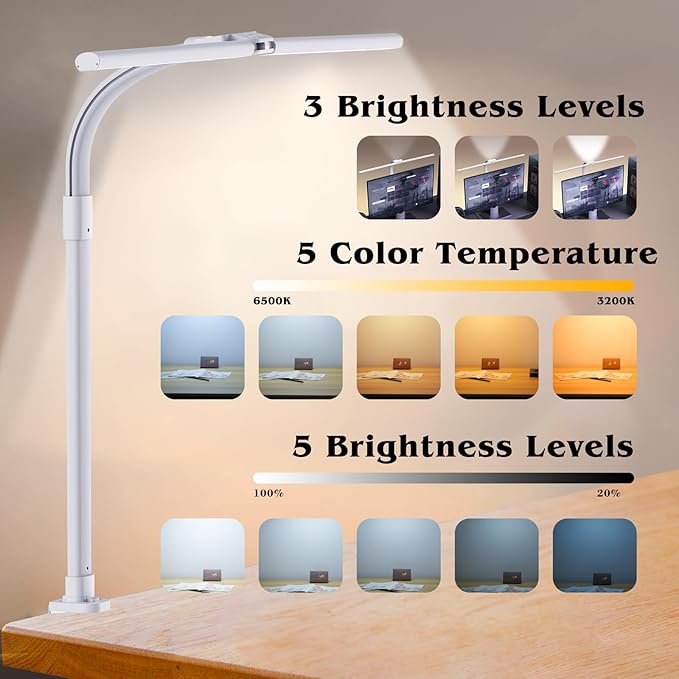 Led Desk Lamp for Home Office,24W Bright Eye-Caring Desk Light with Clamp,5 brightness and 5 temperatures Dimmable Workbench Task Light, Adjustable Gooseneck Table Lamp for Monitor Study(white) - Bloomnest