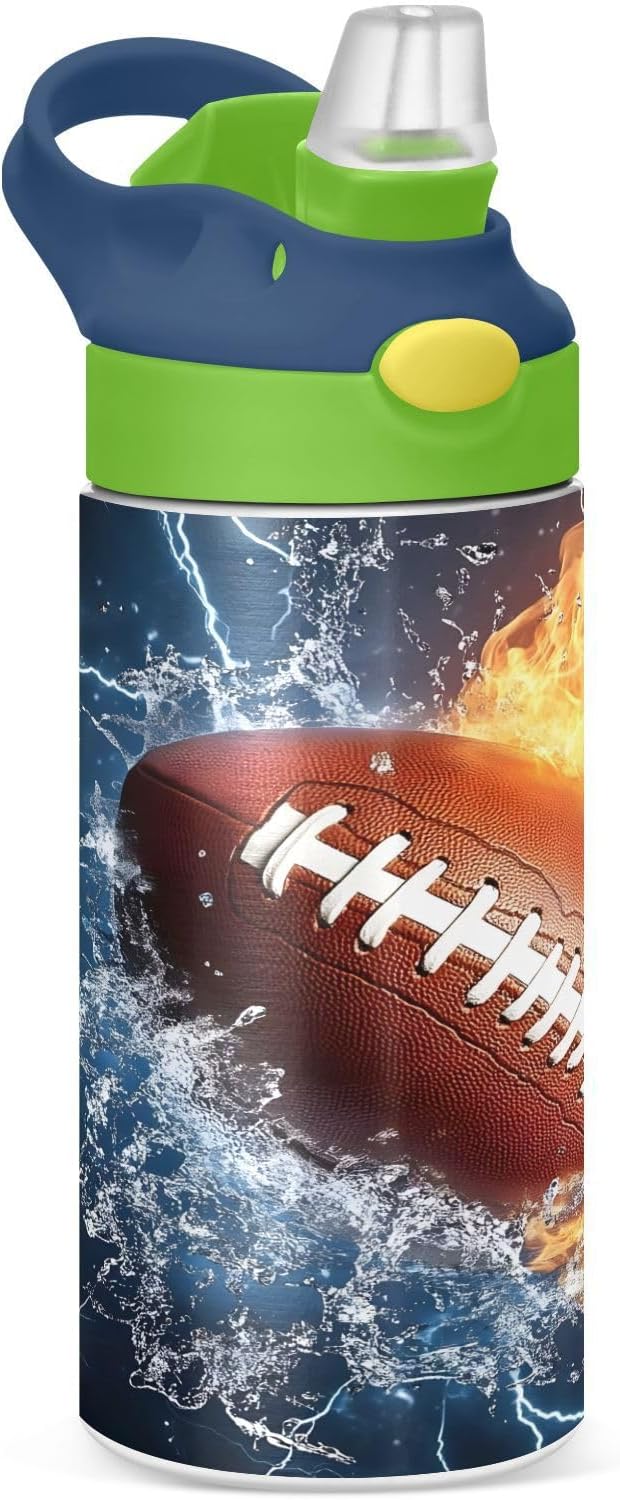 Rugby Football Fire Lightning Kids Water Bottle with Straw Lid Insulated Tumbler with Handle Stainless Steel Reusable Toddlers Cup for Kids Boys 12 oz - Bloomnest