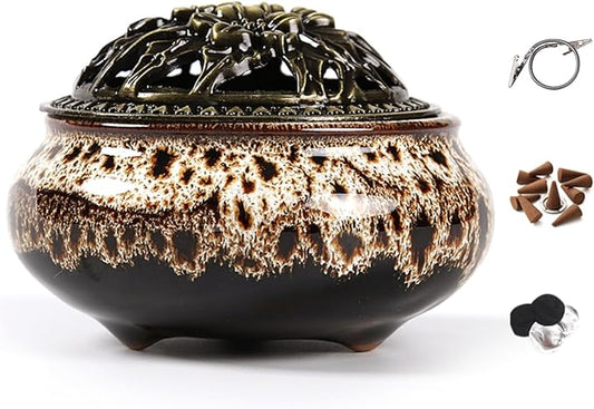 Incense Burner with Calabash Incense Stick Holder - Porcelain Charcoal Censer for Use with Resin Granular Powder Cone or Coil Incense (Fambe Gray) - Bloomnest