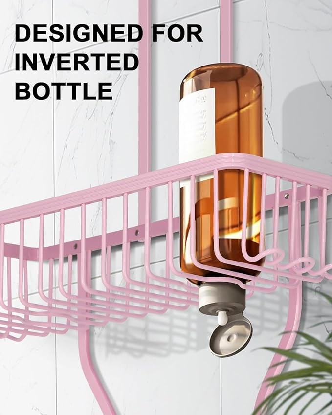 Pink Shower Caddy for Bathroom - Never Rust Hanging Shower Organizer with Soap Basket and Hooks - Large Capacity 3 Tier Aluminum Over The Showerhead Caddy - Bloomnest