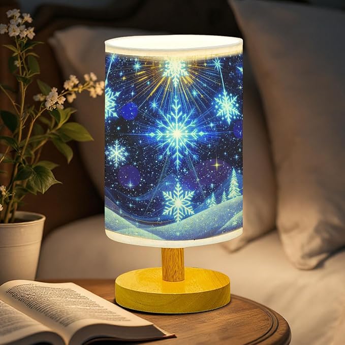 Snowflakes Table Lamp LED 3-Color Pressed Bedside for Merry Christmas, Snowflakes Shade Christmas Table Lamp with Wood Base for Bedroom Living Room Desk Office - Bloomnest