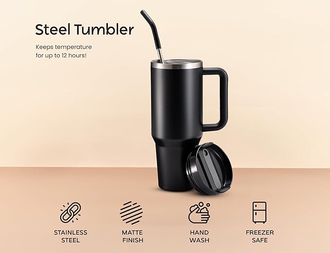Kook Stainless Steel Tumbler, with Straw and Handle, Leakproof, Vacuum Insulated Travel Coffee Mug, Reusable Double Walled Water Bottle, Keeps Hot or Cold, 40 oz, Black - Bloomnest